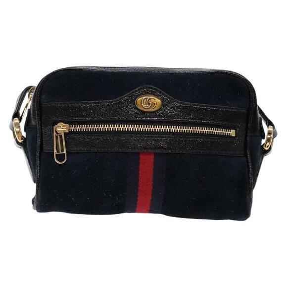 GUCCI Sherry Line Shoulder Bag Suede Navy Gold - Picture 2 of 16